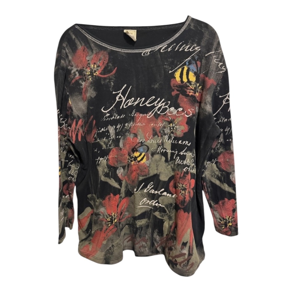 Jess & Jane Honeybee Floral Top Women L Black Whimsigoth Rhinestone Graphic Tee